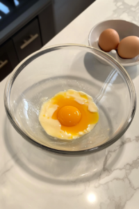 This image shows one egg partially mixed into a creamy butter and sugar mixture in a glass bowl on a white marble countertop, with another egg nearby.