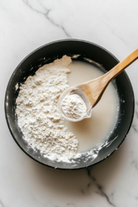 adding-rich-meat-stock-to-roux-in-black-skillet-on-marble-counter