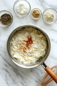 This image shows garlic powder, onion powder, and mustard powder sprinkled into the thickened sauce in a stainless steel pan, with each spice in its own clear glass bowl nearby.