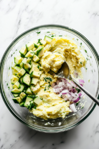 This image shows a fork gently stirring and mashing the ingredients into a smooth, slightly chunky avocado and egg salad.
