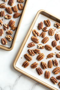 This image shows toasted pecans arranged in clusters of three on parchment-lined cookie sheets set over a white marble countertop.