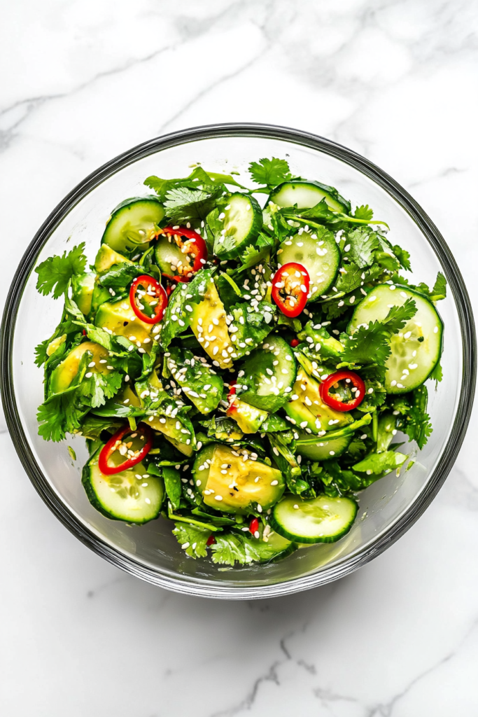 This image shows the finished Asian Avocado Salad served immediately, vibrant and fresh with bright greens, creamy avocado, and pops of red chili.