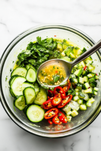 This image shows the freshly prepared salad being gently tossed with the sesame dressing to coat each piece evenly.