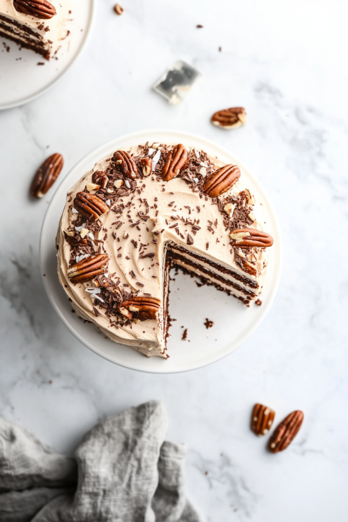 This image shows the heaven cake being assembled with custard filling and chocolate frosting, then decorated with chopped pecans and chocolate shavings for a stunning finish.