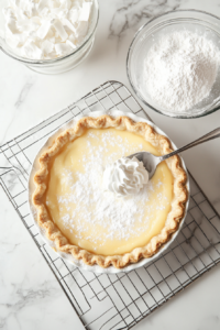 This image shows the assembly of the pina colada pie, with layers of pineapple and coconut cream filling being added to the crust before the final bake.