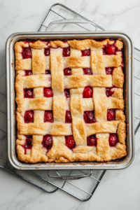 This image shows golden brown cherry pie bars cooling in a baking pan placed on a wire rack on a clean white marble surface.