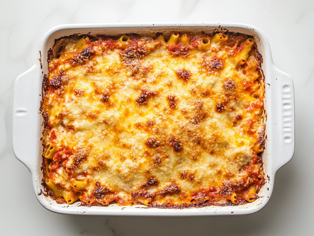 This image shows a rectangle baking dish filled with perfectly baked zucchini boats stuffed with pasta and topped with bubbling golden parmesan cheese.