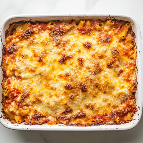 This image shows a rectangle baking dish filled with perfectly baked zucchini boats stuffed with pasta and topped with bubbling golden parmesan cheese.