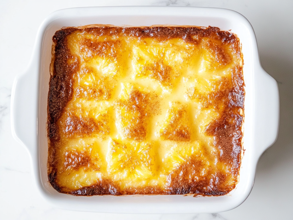 This image shows a rectangular baking dish filled with beautifully golden baked pineapple, glistening with melted butter on top and a caramelized edge.