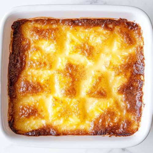 This image shows a rectangular baking dish filled with beautifully golden baked pineapple, glistening with melted butter on top and a caramelized edge.