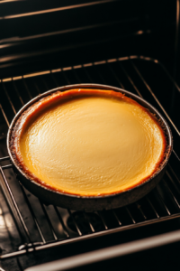 This image shows the cheesecake baking in the oven, with the center setting beautifully after about 35–40 minutes.