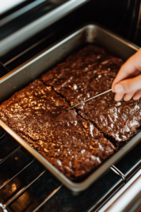 This image shows brownies baking in the oven until perfectly set, with the classic moist crumb texture checked using a toothpick.