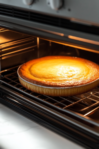 This image shows the yogurt cake baking inside the oven, golden edges forming as it rises in a parchment-lined round cake pan, with the oven door open and the white marble cooktop visible.