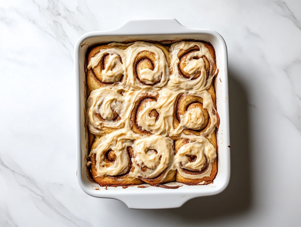 This image shows a white baking dish filled with golden-brown banana bread cinnamon rolls, topped with a thick layer of creamy frosting.