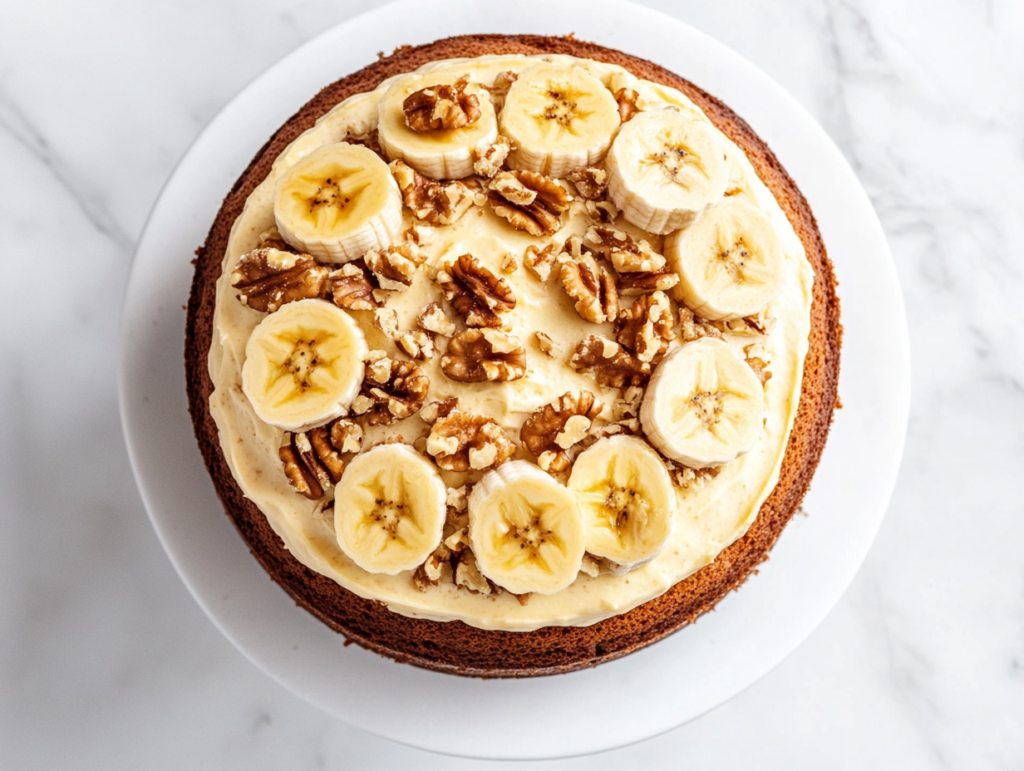 This image shows a perfectly round Banana Walnut Cream Cake, golden brown and crowned with fresh banana slices and chopped walnuts, creating a rustic yet elegant dessert centerpiece.