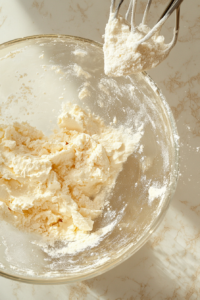 This image shows sour cream, sugar, flour, and vanilla being gradually incorporated into the mashed cream cheese.