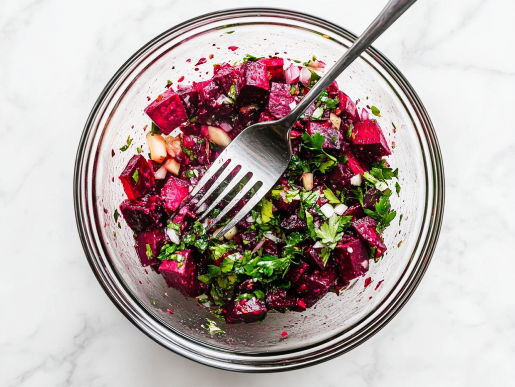 This image shows a vibrant beetroot salad served in a clear glass bowl, featuring grated beetroot topped with chopped parsley, minced garlic, vinegar, oil, mustard, salt, and pepper.