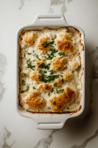 This image shows the casserole baking in the white ceramic dish, now covered with foil after 30 minutes uncovered and 10 minutes covered baking.