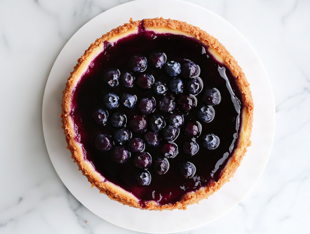 This image shows a blueberry cheesecake on a round white plate with a crispy golden brown crust and a rich blueberry cream cheese filling in the center.