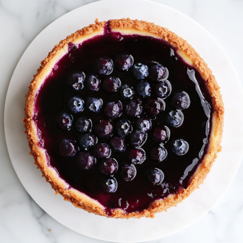 This image shows a blueberry cheesecake on a round white plate with a crispy golden brown crust and a rich blueberry cream cheese filling in the center.