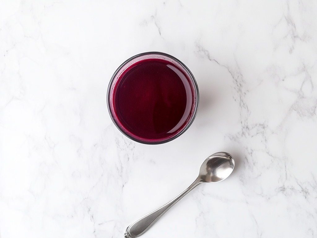This image shows a striking glass of deep red beetroot juice placed on a light surface with a silver spoon resting beside it, highlighting the juice’s rich color and smooth texture, ready to be enjoyed.