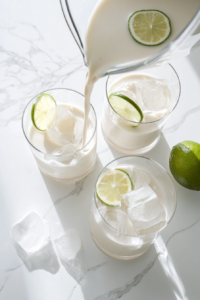 This image shows creamy, frothy Brazilian lemonade being poured into ice-filled glasses, with condensation forming on the glass, emphasizing the drink’s chill and freshness.