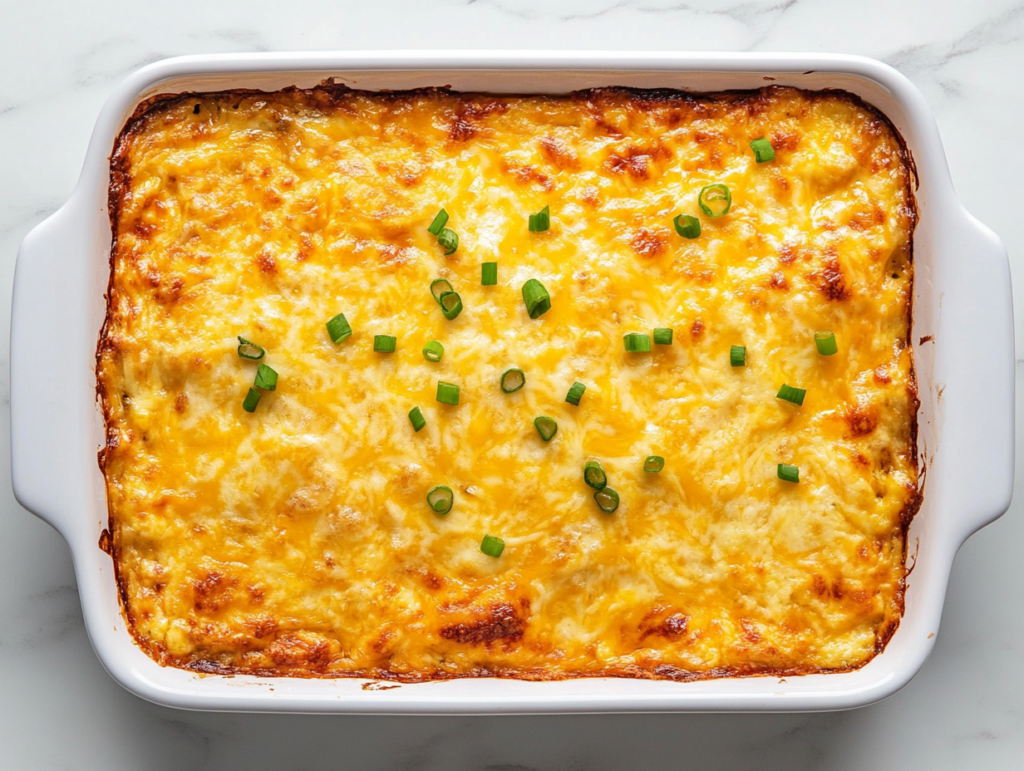 This image shows a breakfast burrito casserole baked to golden-brown perfection in a rectangular white dish, the surface crisp and inviting with edges slightly puffed.