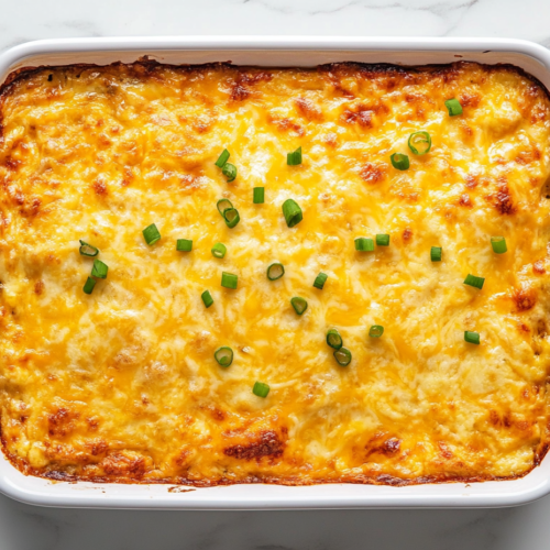 This image shows a breakfast burrito casserole baked to golden-brown perfection in a rectangular white dish, the surface crisp and inviting with edges slightly puffed.