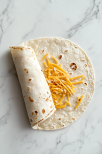 This image shows a nearly closed burrito with shredded cheese sprinkled near the edge for sealing, placed on a white marble surface.