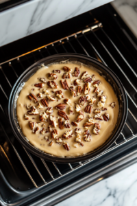 butter-rum-cake-baking-in-black-bundt-pan-on-oven-rack-over-white-marble