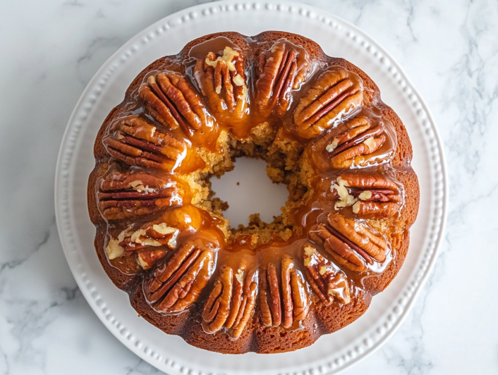 This image shows a fully glazed golden Butter Rum Cake placed on a white serving plate over a white marble countertop, with a glossy rum finish and visible pecans on top.