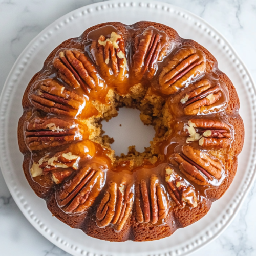 This image shows a fully glazed golden Butter Rum Cake placed on a white serving plate over a white marble countertop, with a glossy rum finish and visible pecans on top.