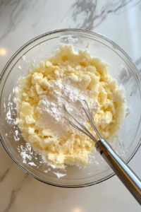 This image shows softened butter, powdered sugar, and salt being mixed in a large glass bowl with a silver hand mixer on a white marble countertop.
