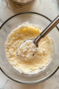 This image shows fluffy buttercream frosting being beaten in a glass bowl with added vanilla extract and heavy cream over a white marble cooktop.