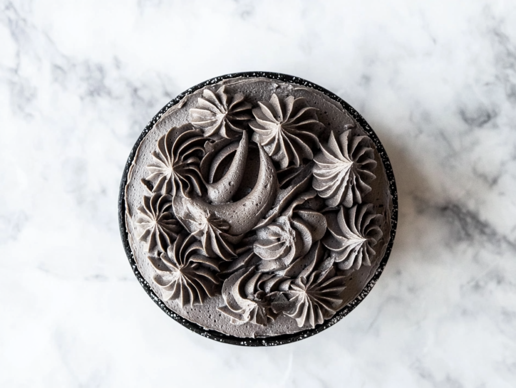 This image shows a top-down view of a celestial-themed Capricorn cake decorated with dark and light gray buttercream on a clean white marble countertop, styled with no background clutter.