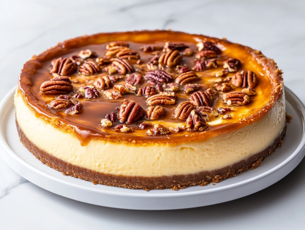 caramelized-pecan-pie-cheesecake-creamy-round-dessert-with-glossy-pecan-topping