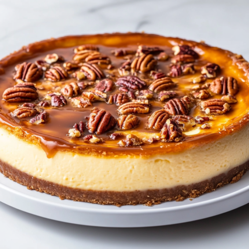 caramelized-pecan-pie-cheesecake-creamy-round-dessert-with-glossy-pecan-topping