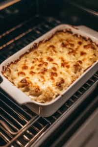 This image shows the breakfast casserole baking uncovered in the oven, the top turning golden and slightly bubbly with delicious promise.