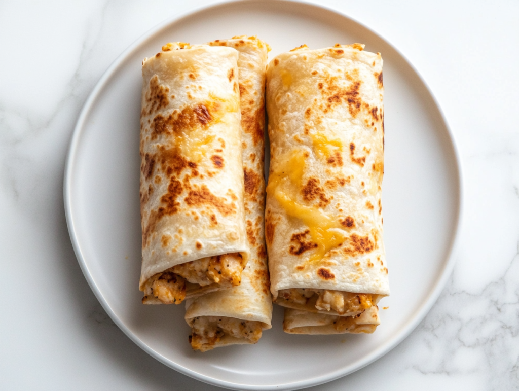 This image shows golden brown cheesy garlic chicken rolls sliced and arranged on a clean white plate, resting over a white marble countertop.