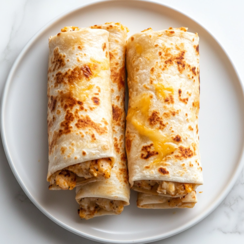 This image shows golden brown cheesy garlic chicken rolls sliced and arranged on a clean white plate, resting over a white marble countertop.