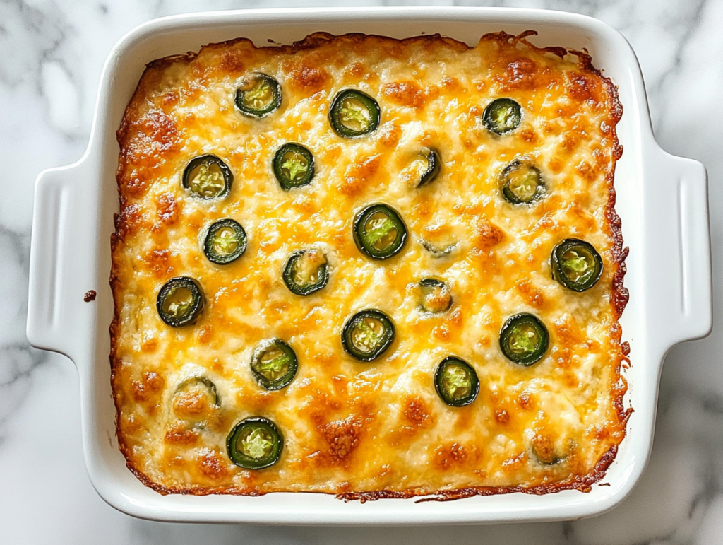 This image shows a freshly baked cheesy jalapeño popper dip in a white square ceramic baking dish with a golden-brown breadcrumb topping, placed on a clean white marble countertop.