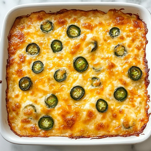 This image shows a freshly baked cheesy jalapeño popper dip in a white square ceramic baking dish with a golden-brown breadcrumb topping, placed on a clean white marble countertop.
