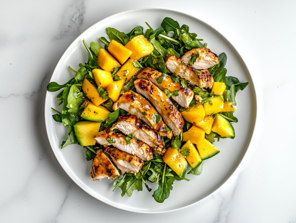 This image shows a top-down view of a vibrant chicken mango and avocado salad plated beautifully on a white plate, set over a clean white marble countertop. The colorful salad includes golden mango chunks, tender chicken pieces, creamy avocado cubes, and fresh salad greens, creating a bright and appetizing dish.