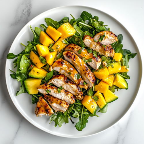 This image shows a top-down view of a vibrant chicken mango and avocado salad plated beautifully on a white plate, set over a clean white marble countertop. The colorful salad includes golden mango chunks, tender chicken pieces, creamy avocado cubes, and fresh salad greens, creating a bright and appetizing dish.
