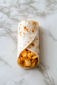 This image shows a tightly rolled tortilla with the chicken and cheese filling inside, resting seam-side down on a white marble cooktop.