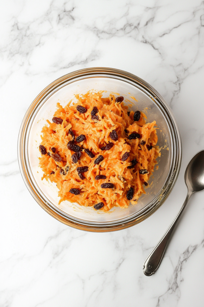 This image shows the finished and chilled carrot raisin salad in a clear glass bowl, with a serving spoon resting beside it on a spotless white marble countertop.