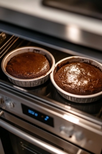 This image shows a top-down view of chocolate cakes baking inside a stainless steel oven, with a glimpse of the white marble cooktop underneath.