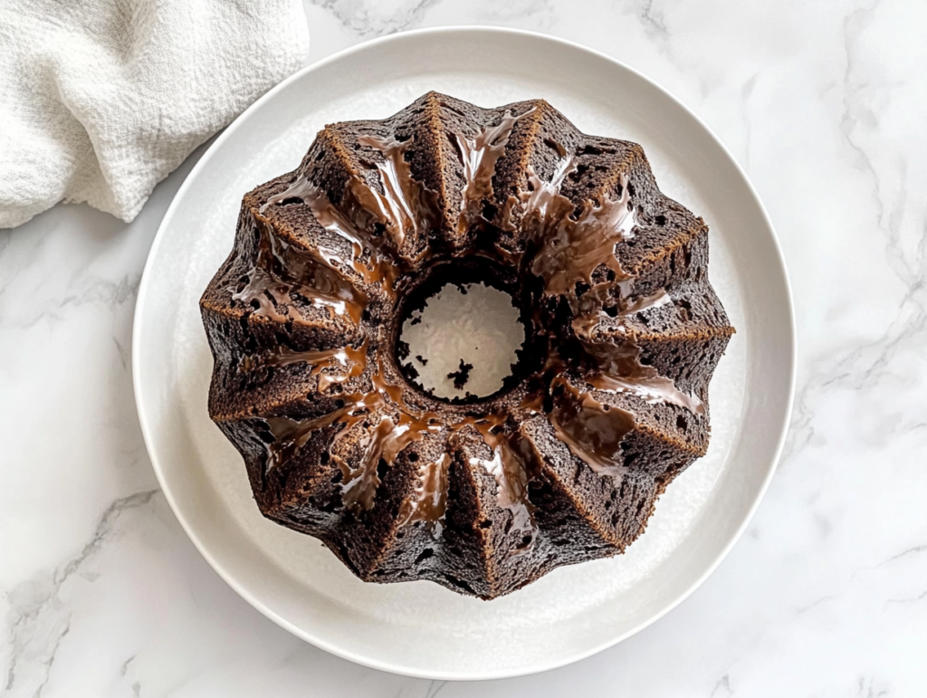 This image shows a full top-down view of a chocolate chocolate chip Bundt cake resting on a white ceramic stand over a clean white marble countertop.