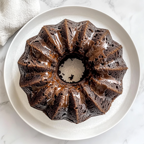 This image shows a full top-down view of a chocolate chocolate chip Bundt cake resting on a white ceramic stand over a clean white marble countertop.
