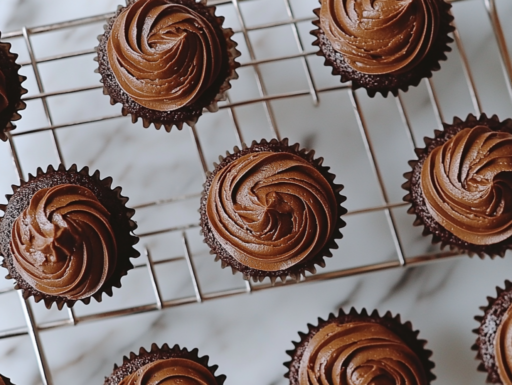 This image shows a top-down view of a batch of frosted chocolate cupcakes placed neatly on a clean white marble countertop, with a simple and clean background.